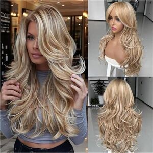 Ombre Platinum Brown Highlight Layered Wavy Wig With Curtain Bangs